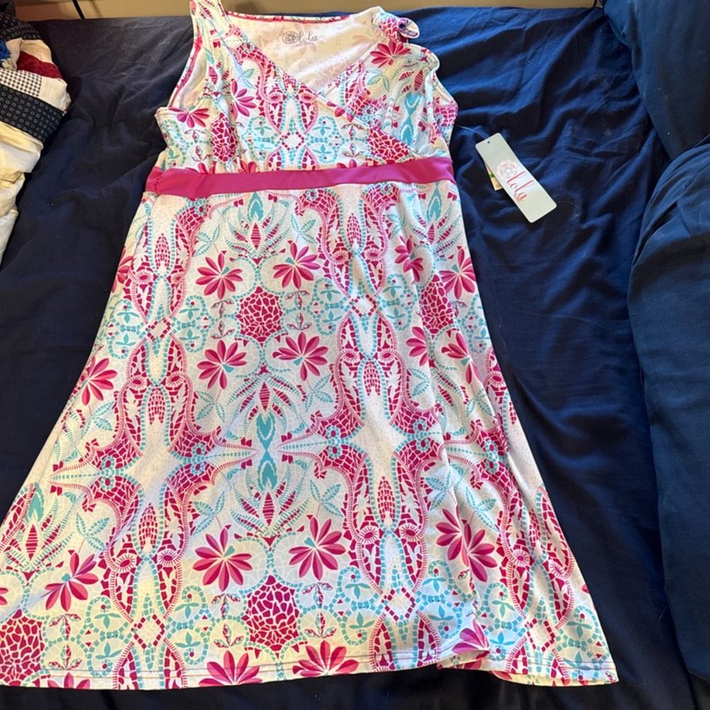 Lola Womens Surplice Neckline Sleeveless Pink Floral A Line Summer Dress Size L - Picture 2 of 9